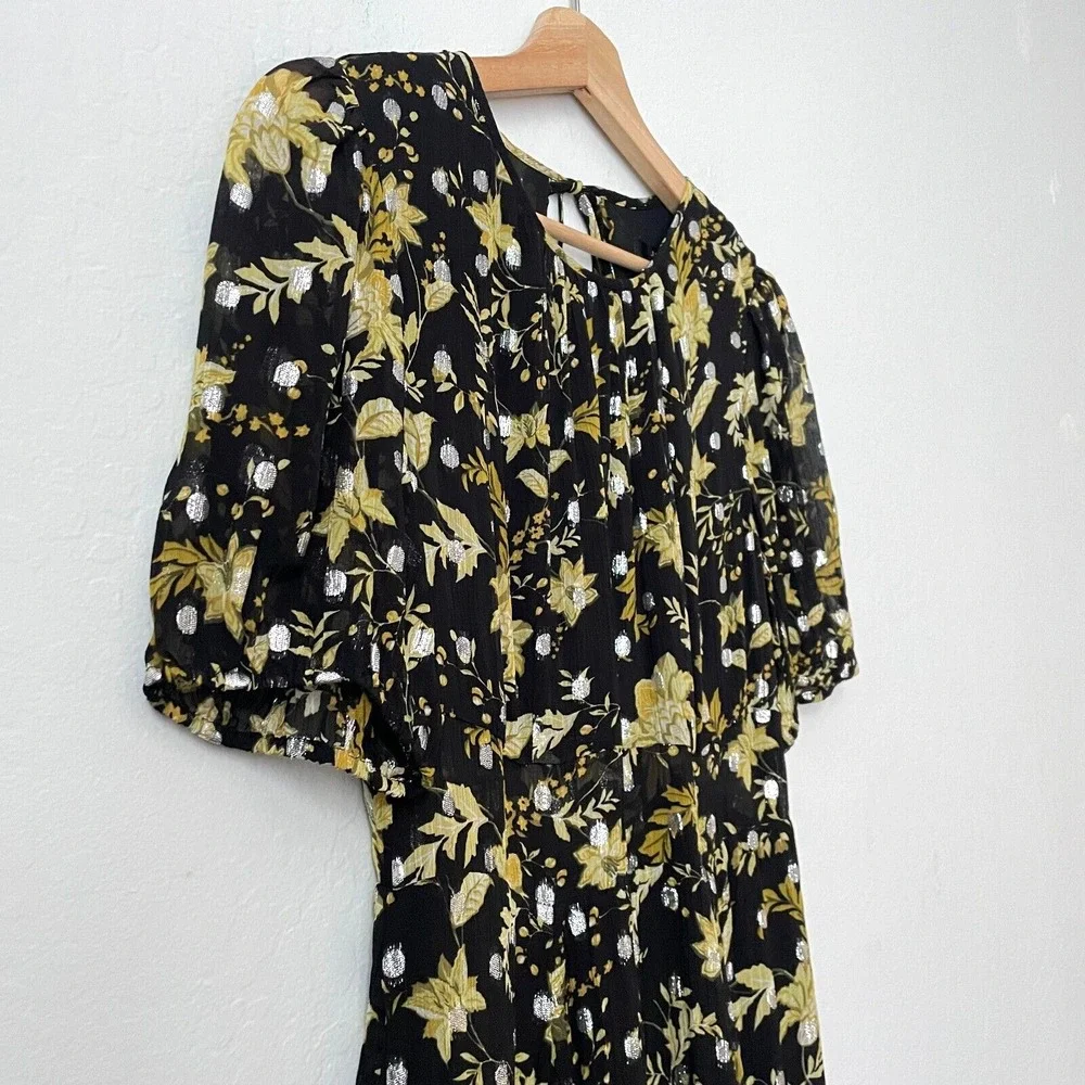 NWT $298 J.Crew Open-Back Metallic Clip-Dot Black Maxi Dress Golden Floral Sz 10